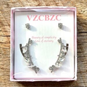 Silver Leaf Earrings, Ear Crawlers and Studs Set